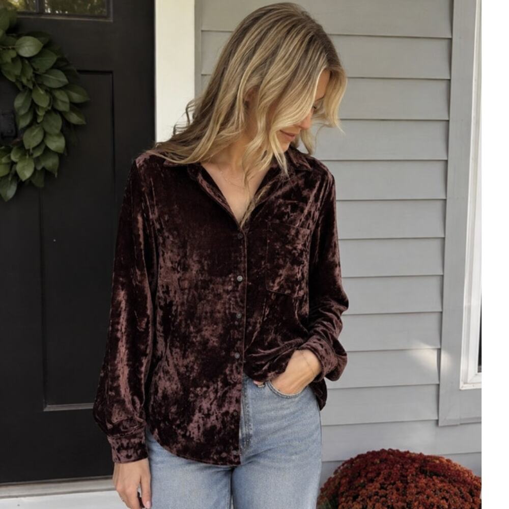 ANTHROPOLOGIE Amadi Brown Crushed Velvet Shirt Size Small